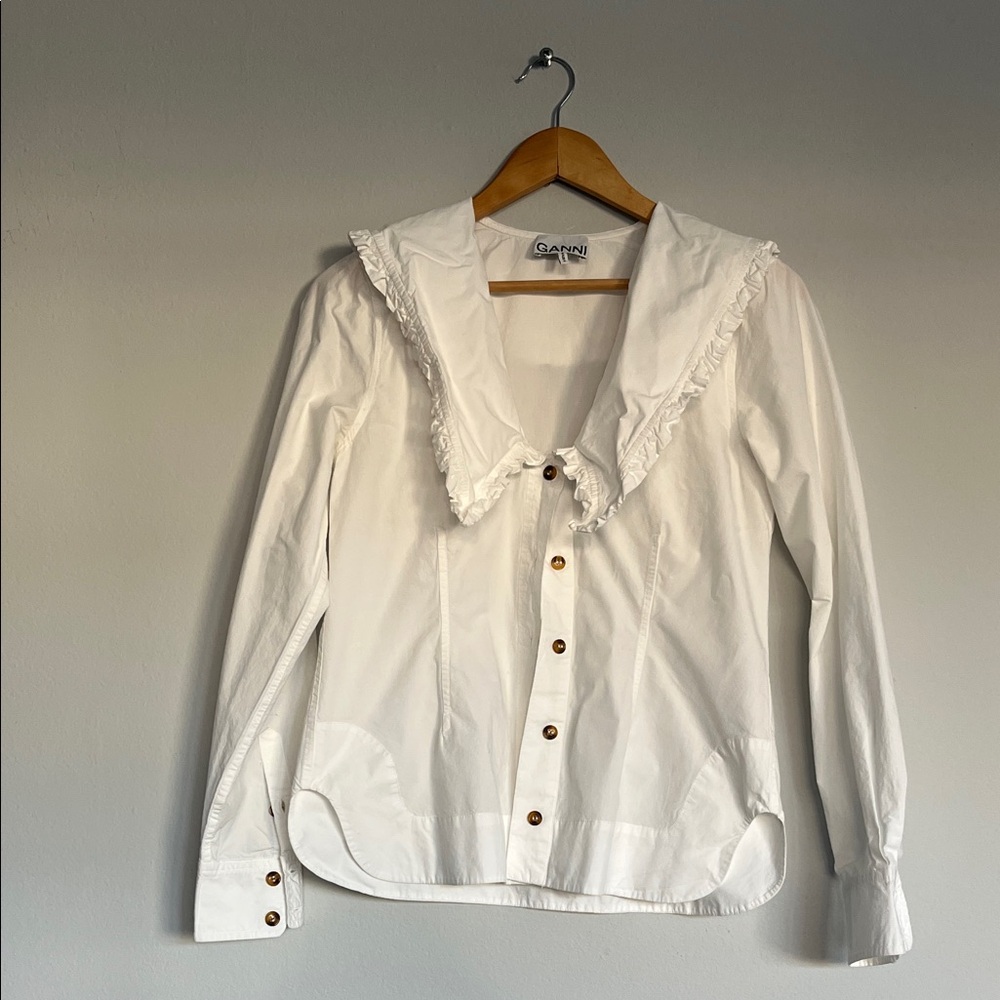Ganni White Button-Down Shirt with Ruffled Collar
